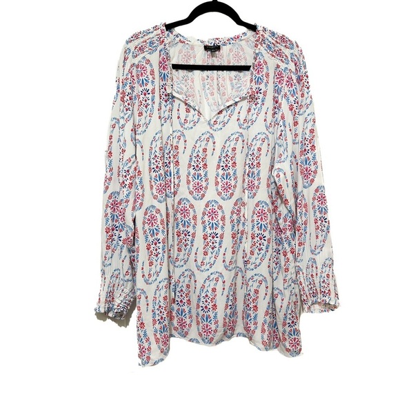 Talbots Tops - Talbots Blouse Floral Paisley Smocked Resortwear Coastal White Blue Plus Size 3X